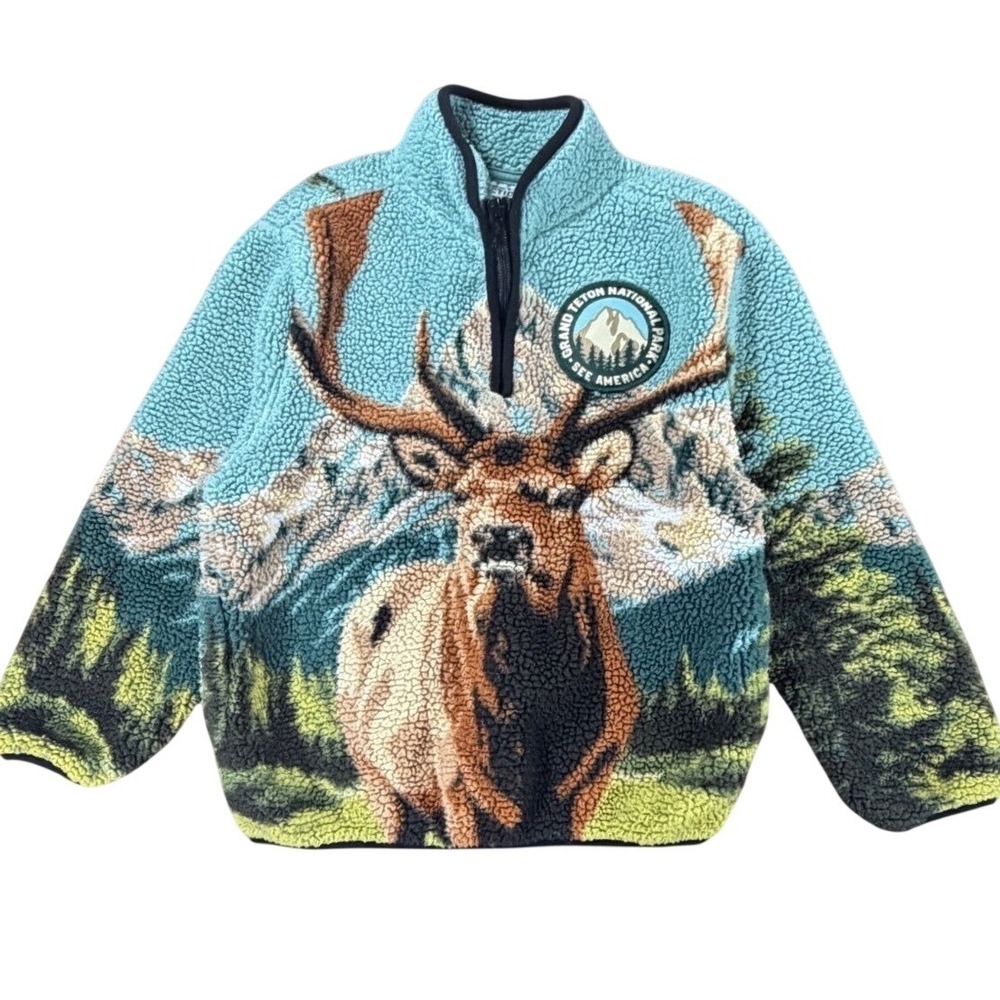 Mountain Scene Fleece Pullover Kids 4/5 Grand Teton National Park Elk Cabin
